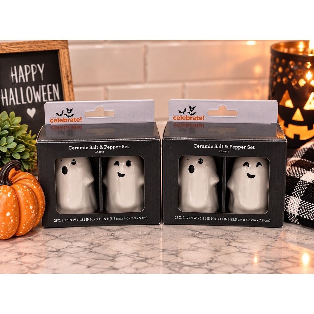 Celebrate Halloween Ceramic White Ghosts Salt & Pepper Shaker Set 4 Total
